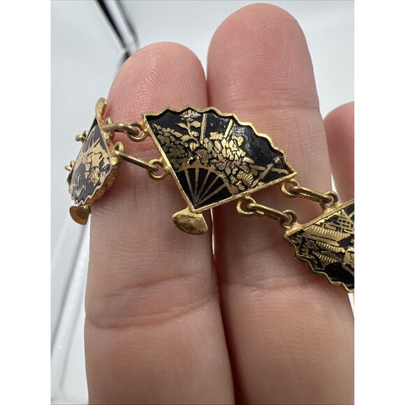 Vintage Amita Damascene Fan Link 3 Piece Set 24k Gold Plated Japan Full Parure - Picture 4 of 14